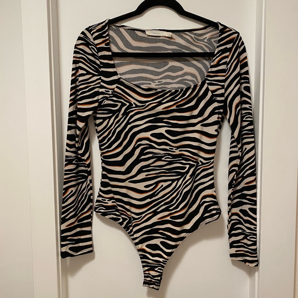 LUSH Bodysuit Zebra Print Square Neckline Abstract Animal Long Sleeve Small Rust